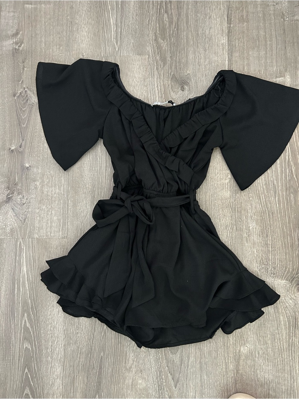 Black Ruffled Romper Dress with Self-Tie Belt